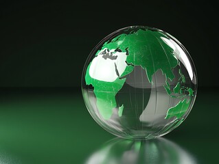 Fototapete - A crystal-clear 3D globe icon with green continents, set on a matte dark forest green surface with realistic lighting