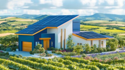 Poster - A modern eco friendly home stands surrounded by lush fields, showcasing solar panels on its rooftops. This structure symbolizes renewable energy and offgrid living, promoting a sustainable future.