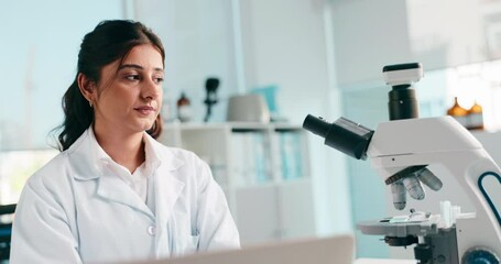 Aufkleber - Laboratory, woman and scientist with laptop for microscope, investigation and research for online report. Hospital, female person and science expert with equipment to check, biotechnology and medical