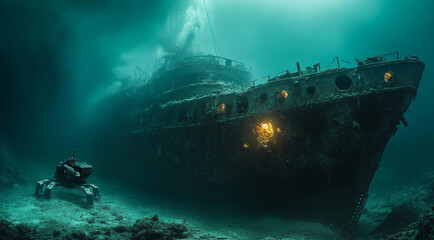 Aufkleber - A robot submarine navigates the depths of the ocean, uncovering the remains of a shipwreck. This exploration reveals the fascinating structure and marine life surrounding the sunken vessel.