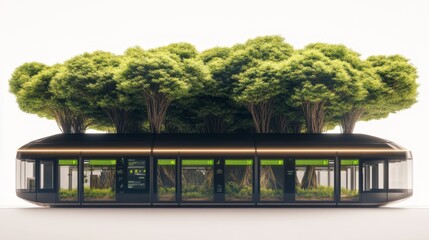 Poster - A modern transport hub featuring lush greenery on its roof symbolizes ecofriendly urban design. Tourists and locals gather, showcasing the synergy of nature and technology for a greener future.