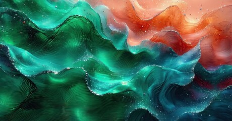 Leinwandbilder - Abstract fluid waves, vibrant colors blend. Turquoise, coral, teal create dynamic texture. Sparkles enhance flowing forms, captivating visual effect.