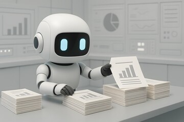 Aufkleber - Cute Robot Analyzing Documents with Business Charts in Modern Office
