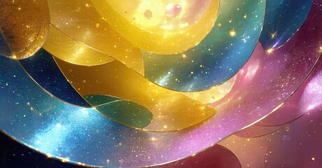 Leinwandbilder - Vibrant swirling colors resemble galaxy, nebula. Bright yellows, blues, pinks create cosmic effect. Stars sparkle within abstract forms.