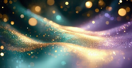 Poster - Abstract background features flowing golden light, teal hues, purple shades. Sparkles create dynamic, dreamy visual effect.