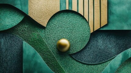 Poster - Abstract Geometric Composition in Emerald Green and Gold with Textured Surfaces