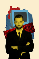 Aufkleber - Sketch photo collage trend artwork of office manager hr recruitment young man portrait formalwear stand keypad obsolete computer monitor