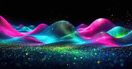 Leinwandbilder - Vibrant waves, glowing particles create abstract landscape. Colors blend, forming dynamic visual experience. Dark background enhances luminosity.
