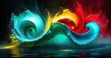Aufkleber - Vibrant water splashes form infinity symbol. Colors blend, creating dynamic visual effect. Reflections visible below waves.