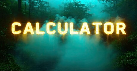 Poster - Bright calculator text glows amidst dark forest scene. Mist surrounds letters, creating dramatic effect. Mysterious, intriguing composition.
