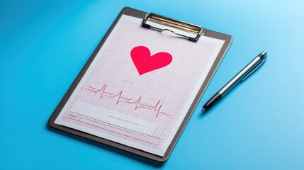 Aufkleber - Healthcare Clipboard With Heart Diagram and Pen Placed on a Clean Blue Surface for Medical Illustration