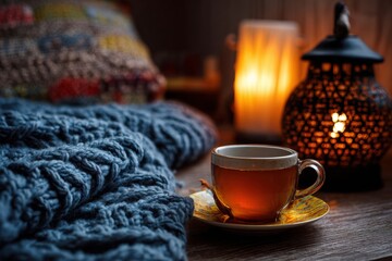 Aufkleber - Cozy Winter Evening With Herbal Tea, Warm Knitted Blanket, and Aromatic Lamp Illuminating a Relaxing Atmosphere