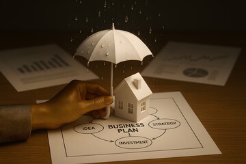 Poster - Business Plan Concept with House Model and Protection Umbrella