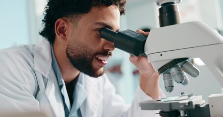 Poster - Research, science and man with laptop, microscope and dna analytics with study for vaccine. Medical person, employee and scientist with smile, specialist and biotechnology with test and breakthrough