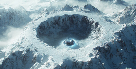 Aufkleber - A robot conducts exploration in a vast icy landscape, focusing on a distinctive crater surrounded by towering mountain peaks. The expedition aims to gather data on this remote planetary environment.