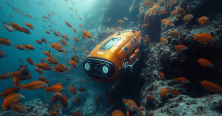 Aufkleber - Underwater exploration reveals a high-tech robot submarine navigating through a colorful coral reef. Schools of orange fish swim nearby, showcasing the rich marine biodiversity of the deep ocean.