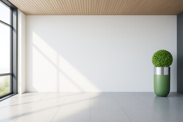 Poster - Minimalist modern interior room with large window, white walls, wooden ceiling, and green plant in decorative pot on tiled floor. Ai generative.