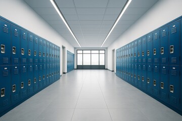 Poster - Empty school hallway with blue lockers and modern ceiling lights in a symmetrical architectural interior design concept with bright natural light.
