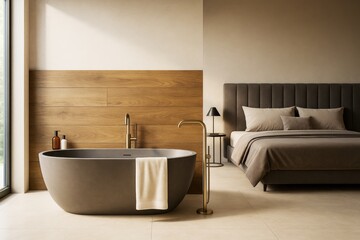 Poster - Modern minimalist bedroom with integrated freestanding bathtub, warm lighting, wood accents, and neutral tones in contemporary interior design.