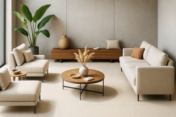 Poster - Modern minimalistic living room interior with beige furniture, wooden decor, and large green plant against neutral wall in soft natural light.