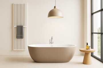 Poster - Minimalist light-filled bathroom interior with modern freestanding bathtub, wooden table, and neutral tones on walls and floor.
