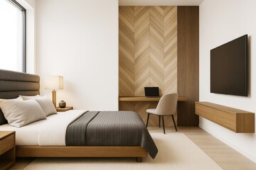 Poster - Elegant modern bedroom interior with wooden elements, workspace desk, TV setup and cozy lighting in contemporary minimalist design style.