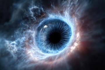 Poster - Eye resembling a galaxy with electric blue hues and swirling cosmic elements