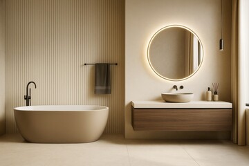 Poster - Modern minimalist bathroom interior with freestanding bathtub, round lighted mirror, and wood vanity in neutral tones on elegant background wall.