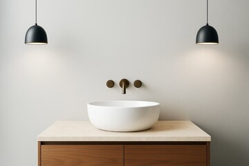 Poster - Minimalist bathroom interior with modern round basin, wooden vanity, brass wall-mounted faucet, and black pendant lights on light wall background.