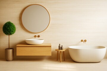 Poster - Minimalist modern bathroom interior with light wood decor, elegant round mirror, freestanding bathtub, and neutral background tones.