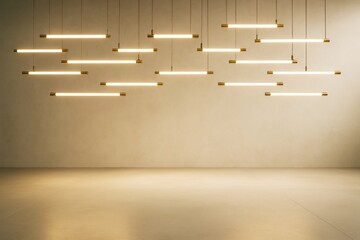 Poster - Modern architectural interior with creative hanging lights in empty contemporary room with soft lighting and minimalistic decor on smooth wall.