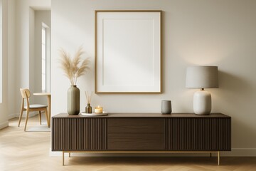 Poster - Minimalist modern interior with wooden sideboard, neutral decor, and blank frame on wall in bright stylish room for branding or mockup concept.
