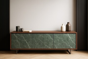 Poster - Minimalist interior with modern green marble sideboard against beige wall and wooden floor, featuring ceramic vases and soft lighting decor.