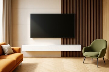 Poster - Modern living room interior with blank television screen, orange sofa, green armchair, wooden wall panels, and bright natural lighting concept.
