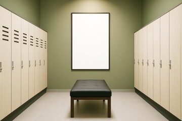 Poster - Empty modern locker room interior with wooden lockers, green wall, floor tiles, and blank vertical frame for branding or advertising mockup template.