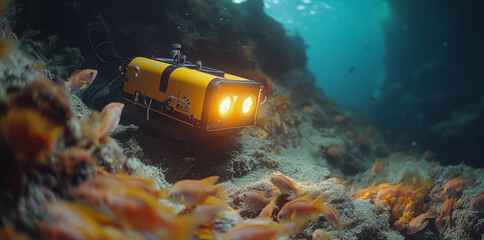 Aufkleber - A robotic submarine navigates the colorful underwater landscape, illuminating the ocean floor. Surrounding fish swim as the exploration reveals marine biodiversity in deep waters.