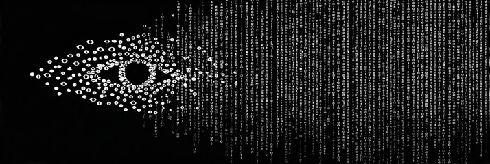 Aufkleber - Symbols of Eye Tests Cascade Like Rain in a Dark Digital Landscape, Creating a Mesmerizing Visual Effect on the Right Side