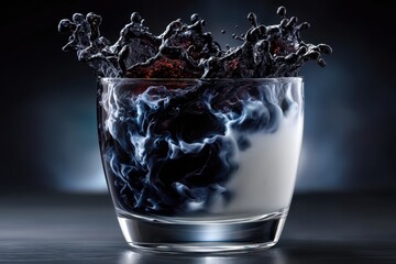 Poster - Dynamic splash of dark liquid in a glass against a black background at night