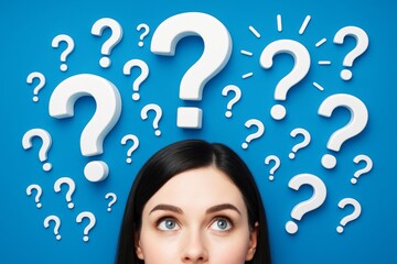 Poster - Woman looking up surrounded by floating white question marks on blue background, symbolizing confusion or curiosity in a business concept setting.