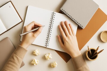 Poster - Top view of person writing in blank notebook on beige desk with crumpled papers, planner, and pencils, concept of creativity and planning.