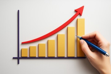 Poster - Hand drawing rising yellow bar chart with red upward arrow on white background, illustrating business growth and success concept clearly.
