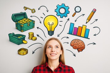 Poster - Woman thinking with creative business icons like lightbulb, brain, money, and gears surrounding her on light background. Ai generative.
