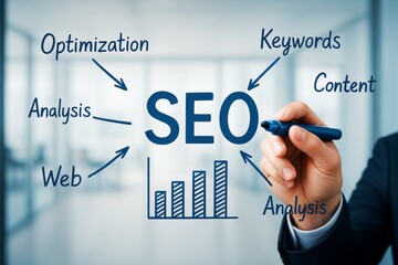 Poster - SEO strategy planning with keywords, optimization, analysis, and content written on transparent screen in business office background setting.