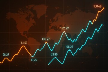 Poster - Glowing financial graph lines with numeric data points over world map background in abstract light style concept for global business analytics.