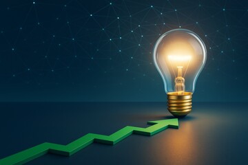 Poster - Light bulb with glowing filament and green arrow on dark futuristic background symbolizing business growth and creative innovation concept.