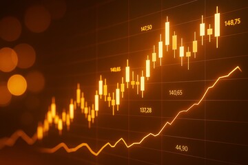 Poster - Glowing financial candlestick chart and line graph on dark background illustrating business data trends and stock market analysis concept.