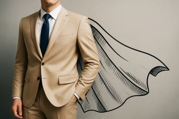 Poster - Businessman in beige suit standing confidently with drawn superhero cape on light background symbolizing empowerment and leadership spirit.