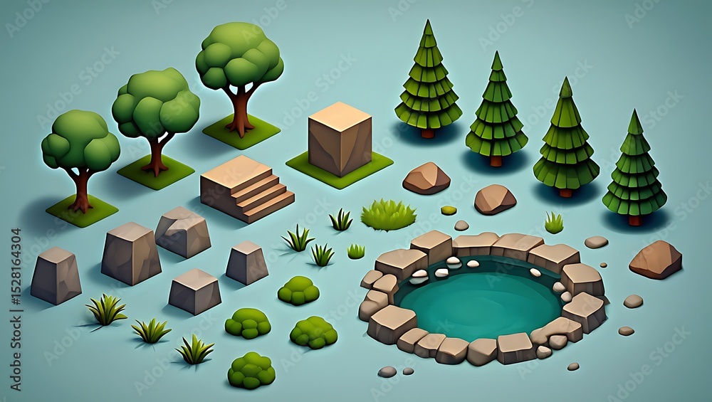 Isometric Low-Poly Game Assets Trees, Rocks, Stone Structures, and Lush ...