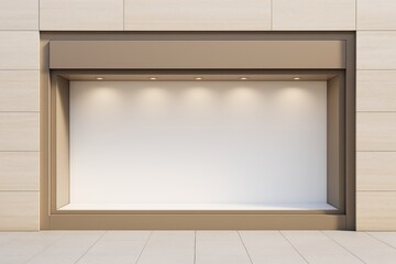 Poster - Empty beige storefront display with spotlights, ideal for branding, advertising, or poster mockup on modern tiled background. Ai generative.