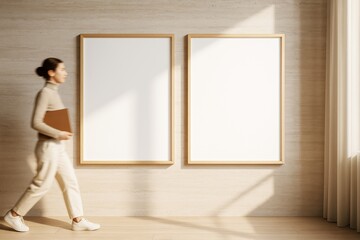 Poster - Minimalist interior with two blank poster frames on beige wall and blurred woman walking holding folder in natural light scene.